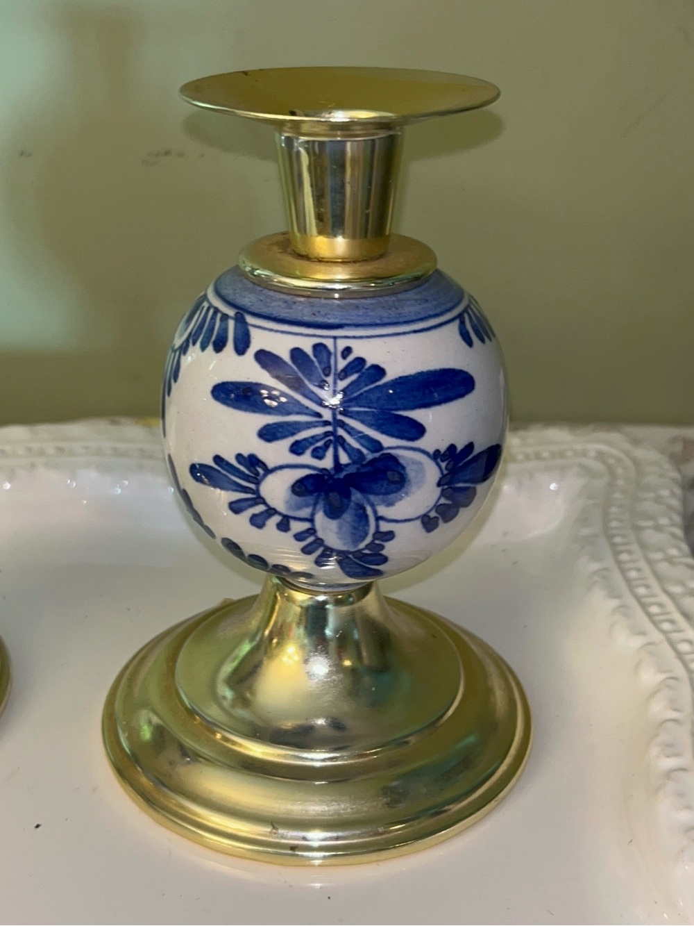 Brass and Blue Floral Globe Candle Holders - Set of 2 - Picture 3 of 11